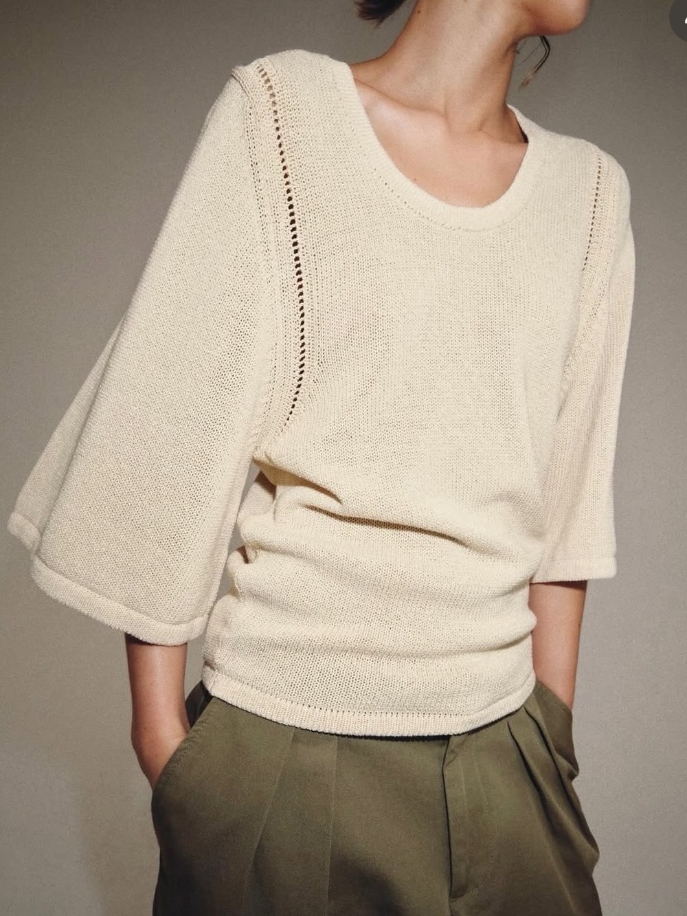 Zara NWT Cream Knit Short-Sleeve 3/4 quarter sleeve knit Sweater size S-M